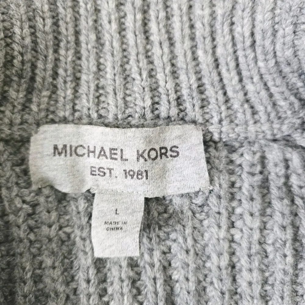 Michael Kors Ribbed Wool Knit Cardigan Lamb Shearling Sweater Size L Elbow Patch